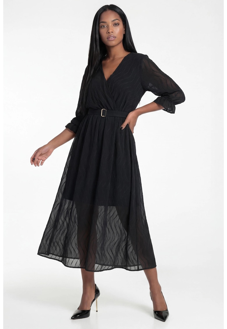 Rochie midi neagra - croiala evazata - decolteu in V - maneci 3/4 - curea in talie