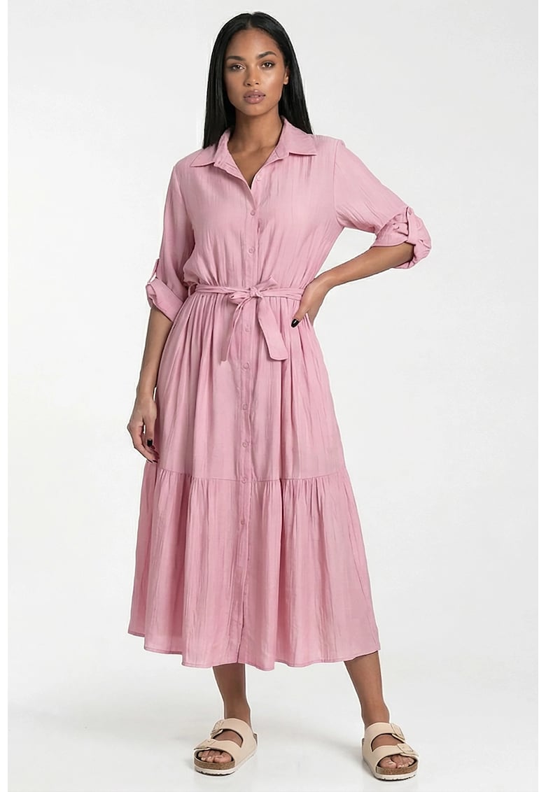 Rochie maxi roz - croiala evazata - guler clasic -
