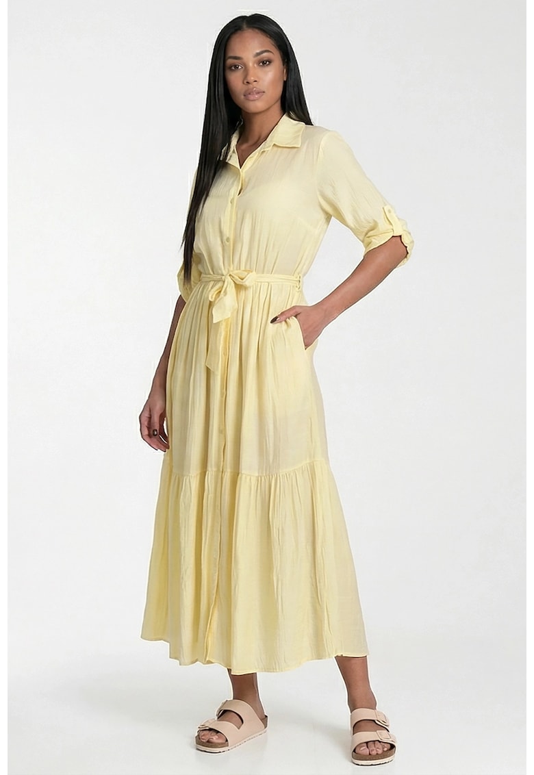 Rochie maxi M1312 - galbena - croiala evazata - guler clasic - viscoza