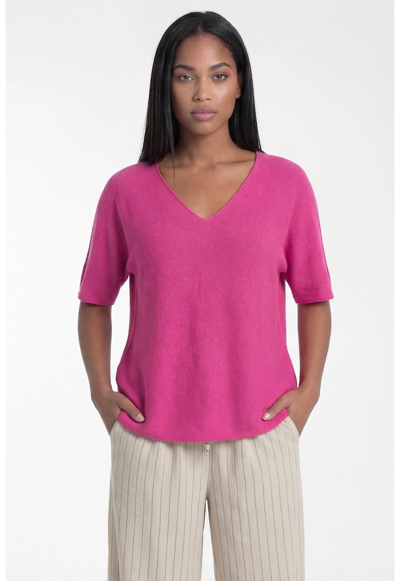 Pulover dama M1319 - fucsia - croiala clasica - decolteu in V - maneca scurta - viscoza