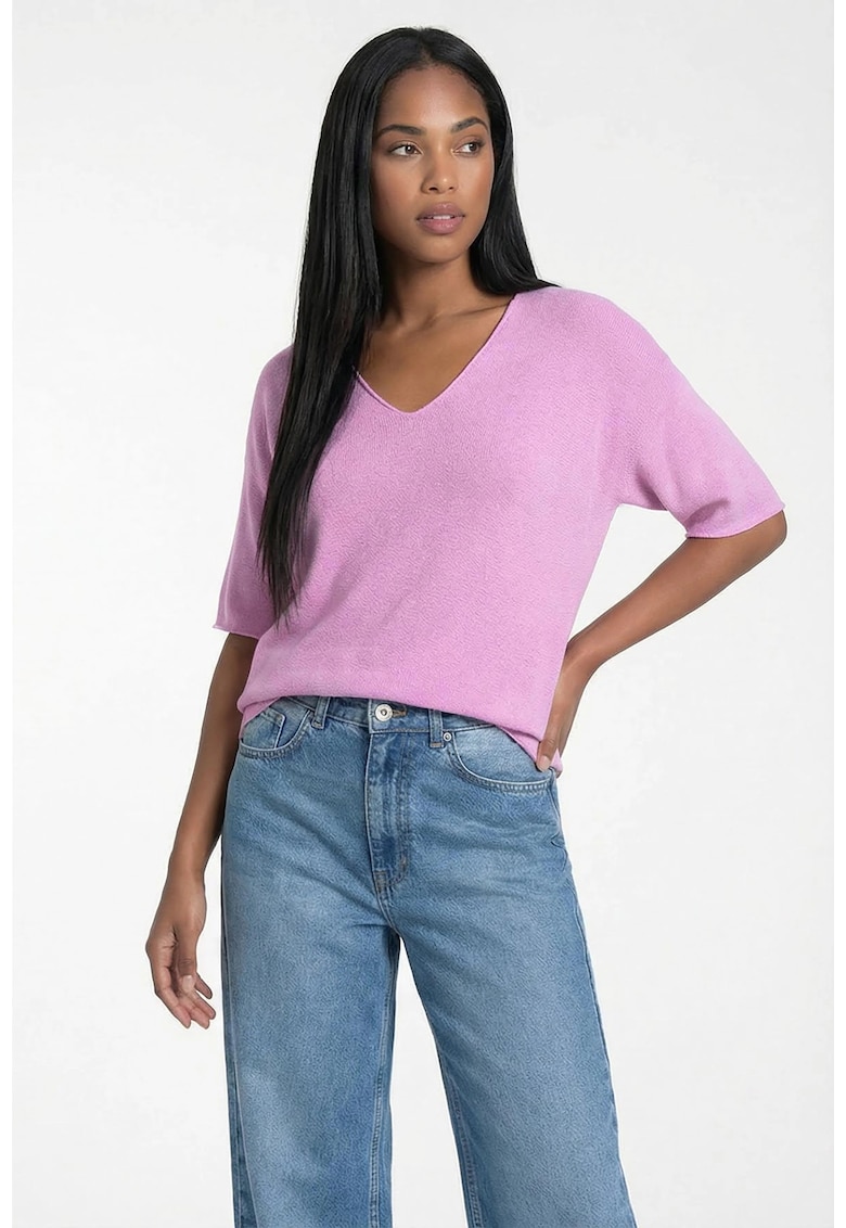 Pulover dama M1319 - roz - croiala clasica - decolteu in V - maneca scurta - viscoza