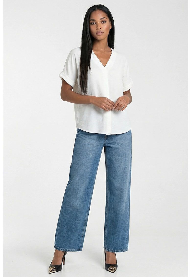 Bluza dama M1321 - alba - decolteu in V - maneca scurta - croiala clasica - 100% poliester