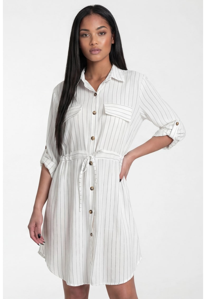 Rochie camasa M1325 - alba - croiala dreapta - decolteu tip camasa - maneca 3/4 - curea in talie