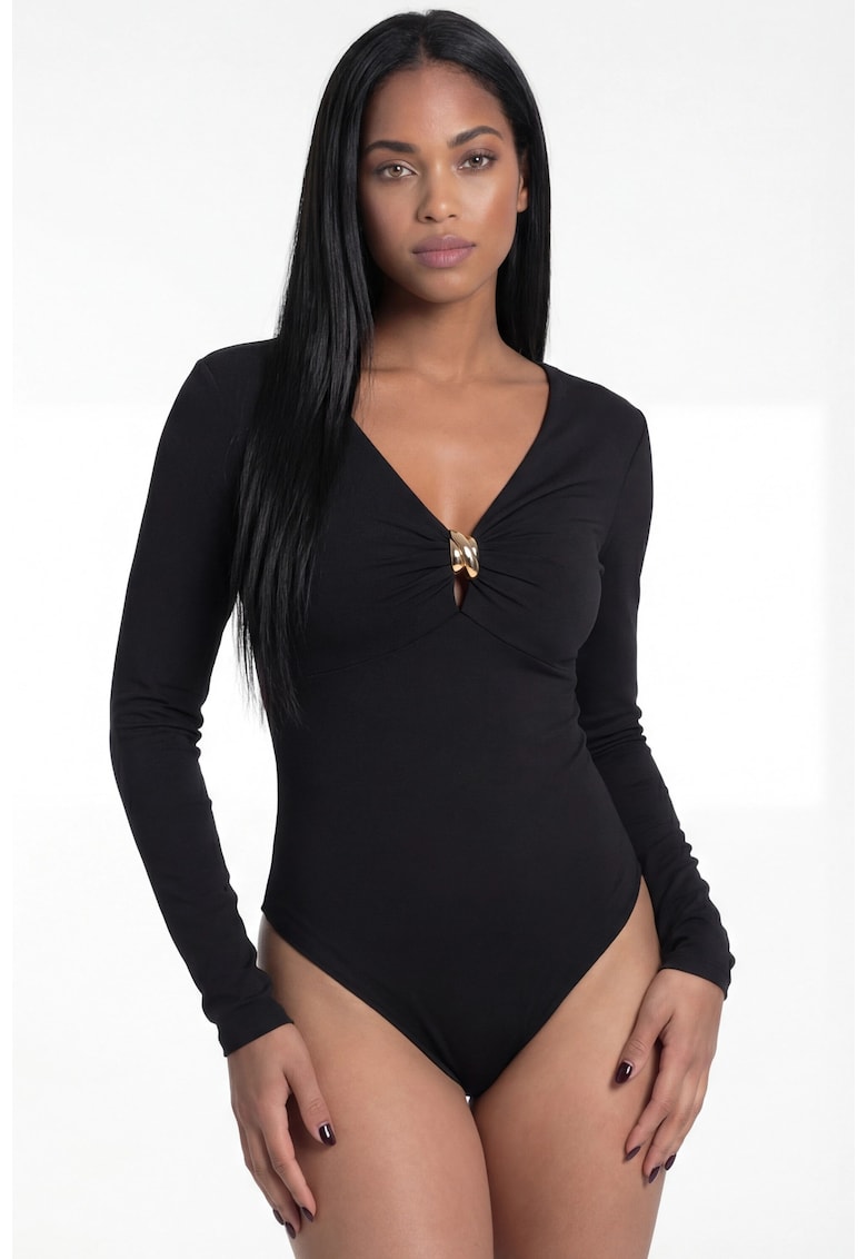 Body de dama M1308 - negru - croiala mulata - decolteu in V - maneci lungi - inchidere cu capse - material elastic - stil casual-elegant