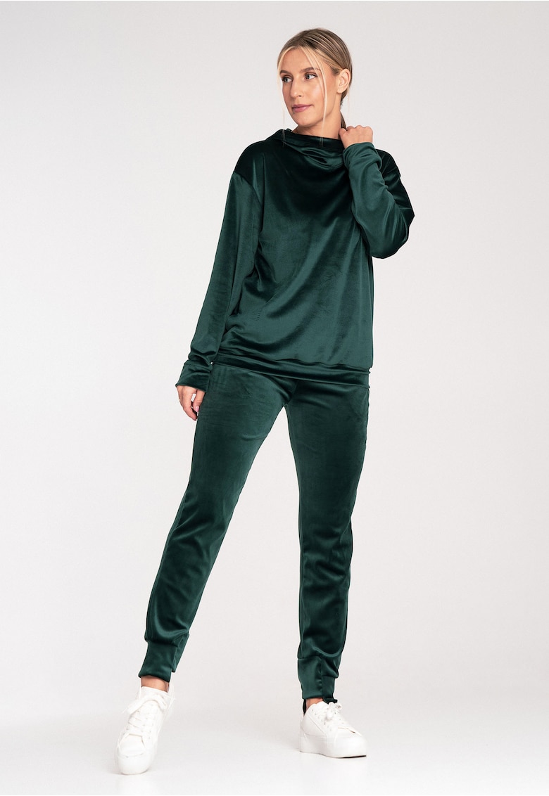 Set casual dama bluza lejera maneca lunga - pantaloni cu buzunare - verde - velur -