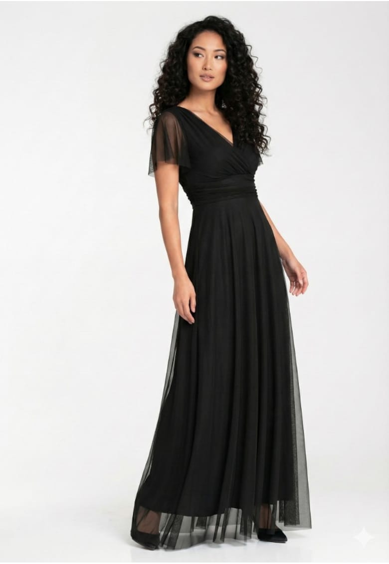 Rochie lunga decolteu in V - maneci scurte transparente - neagra - tul