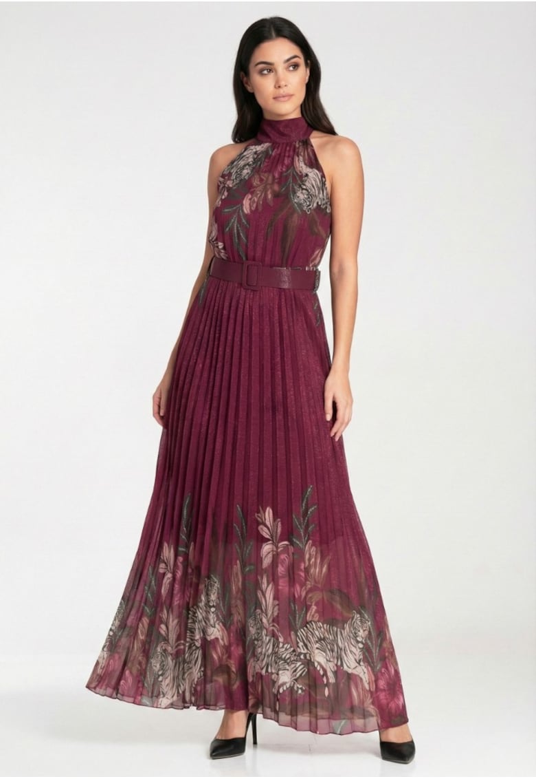Rochie lunga plisata - imprimeu floral si animal print - burgundy - talie cu cordon