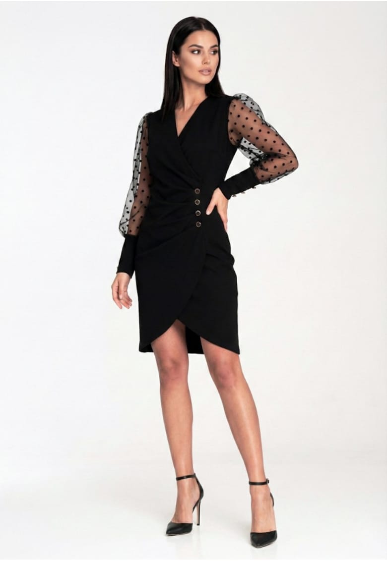 Rochie eleganta tip petrecuta - maneci din tul cu buline - decolteu in V - negru