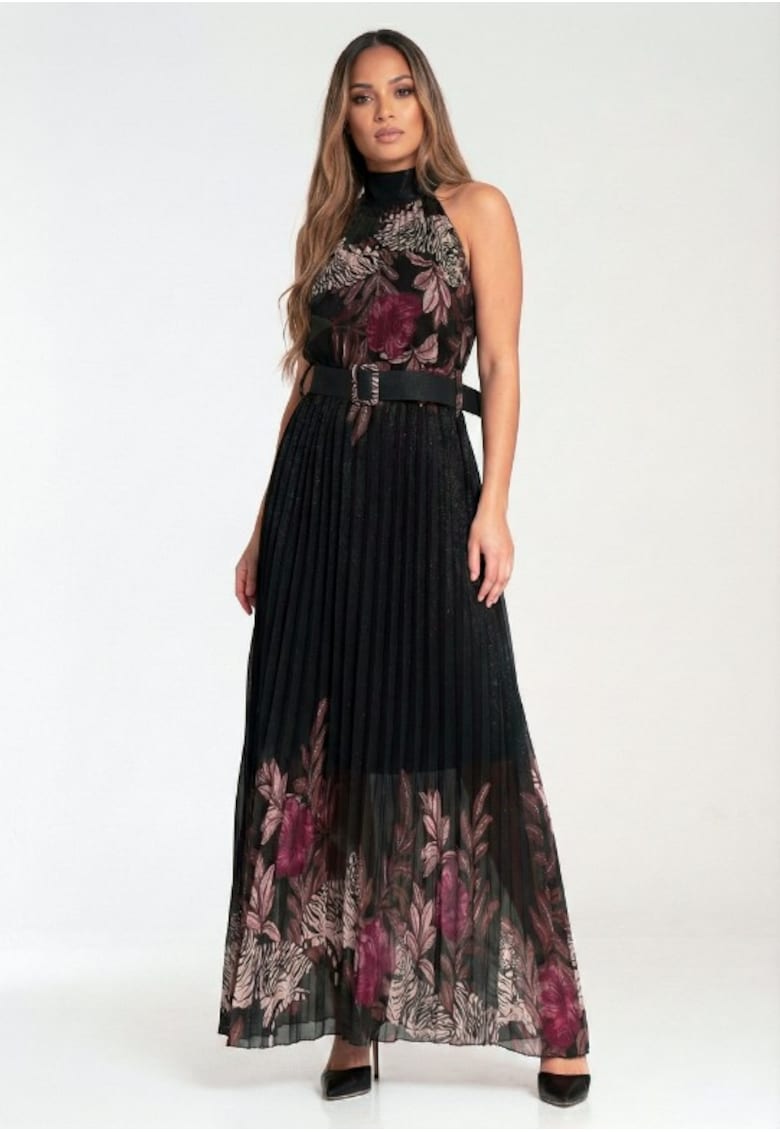 Rochie lunga plisata - imprimeu floral si animal print - neagra -