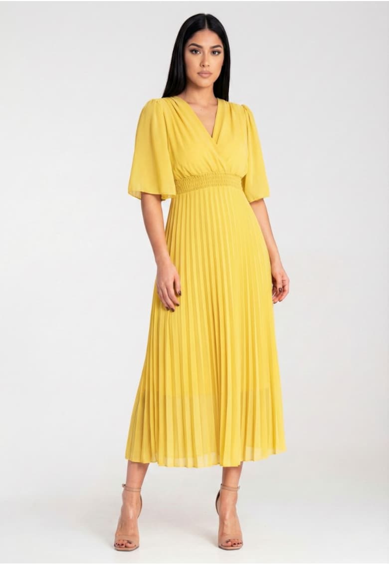 Rochie de dama plisata - galben - material vaporos - cu decolteu petrecut - maneca scurta tip fluture -