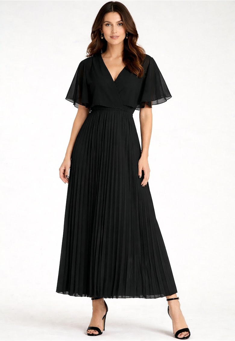 Rochie maxi decolteu in V - fusta plisata - neagra - vaporoasa -