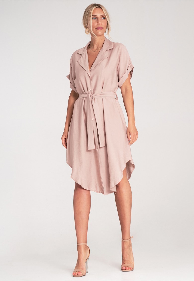 Rochie tip camasa midi cu nasturi si curea talie - maneca scurta - M1286 - roz