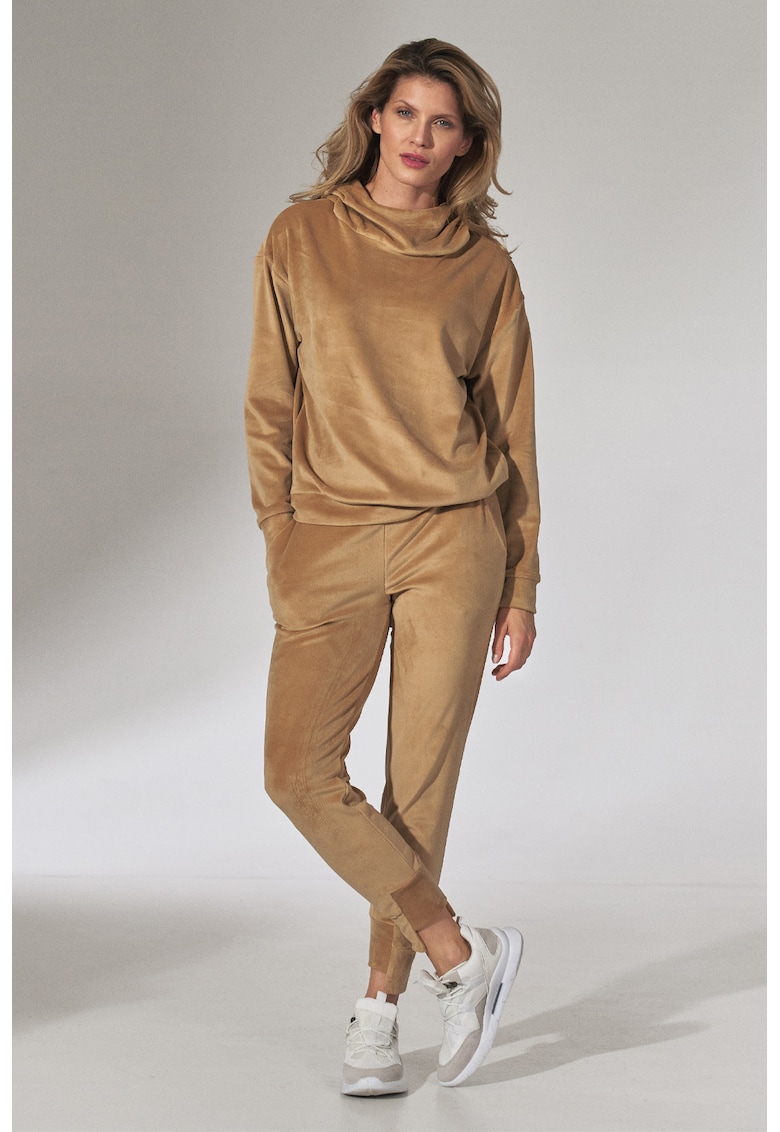 Set casual dama bluza lejera maneca lunga - pantaloni conici cu buzunare - bej - velur
