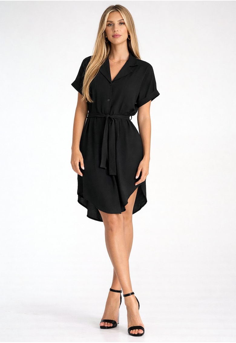 Rochie tip camasa midi cu nasturi si talie - maneca scurta - M1286 - negru