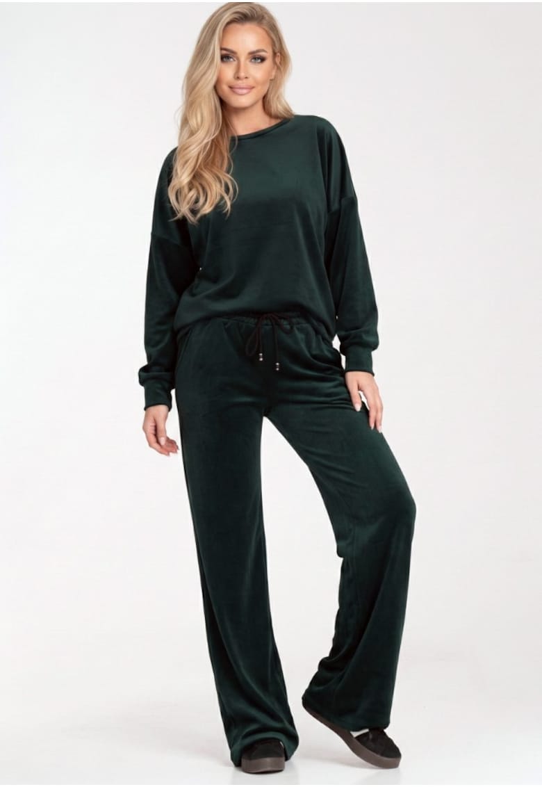 Set casual dama bluza lejera si pantaloni lungi - verde inchis - velur