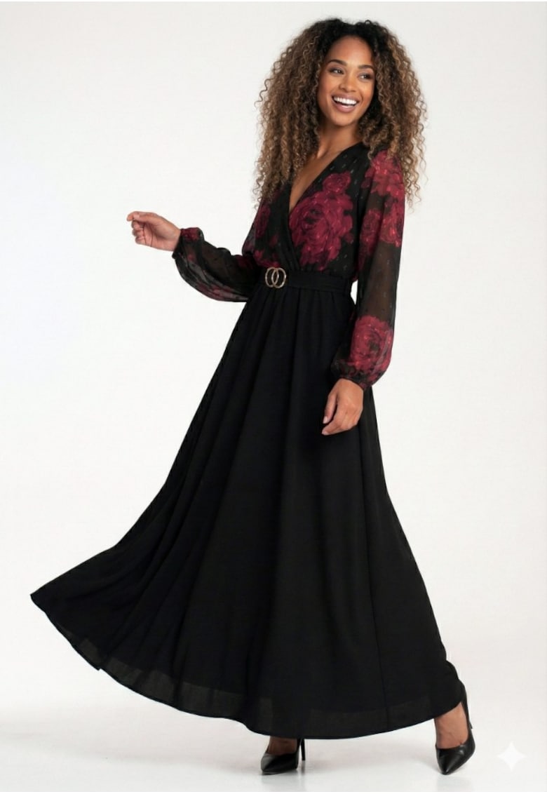 Rochie lunga decolteu in V - maneci transparente - negru cu rosu