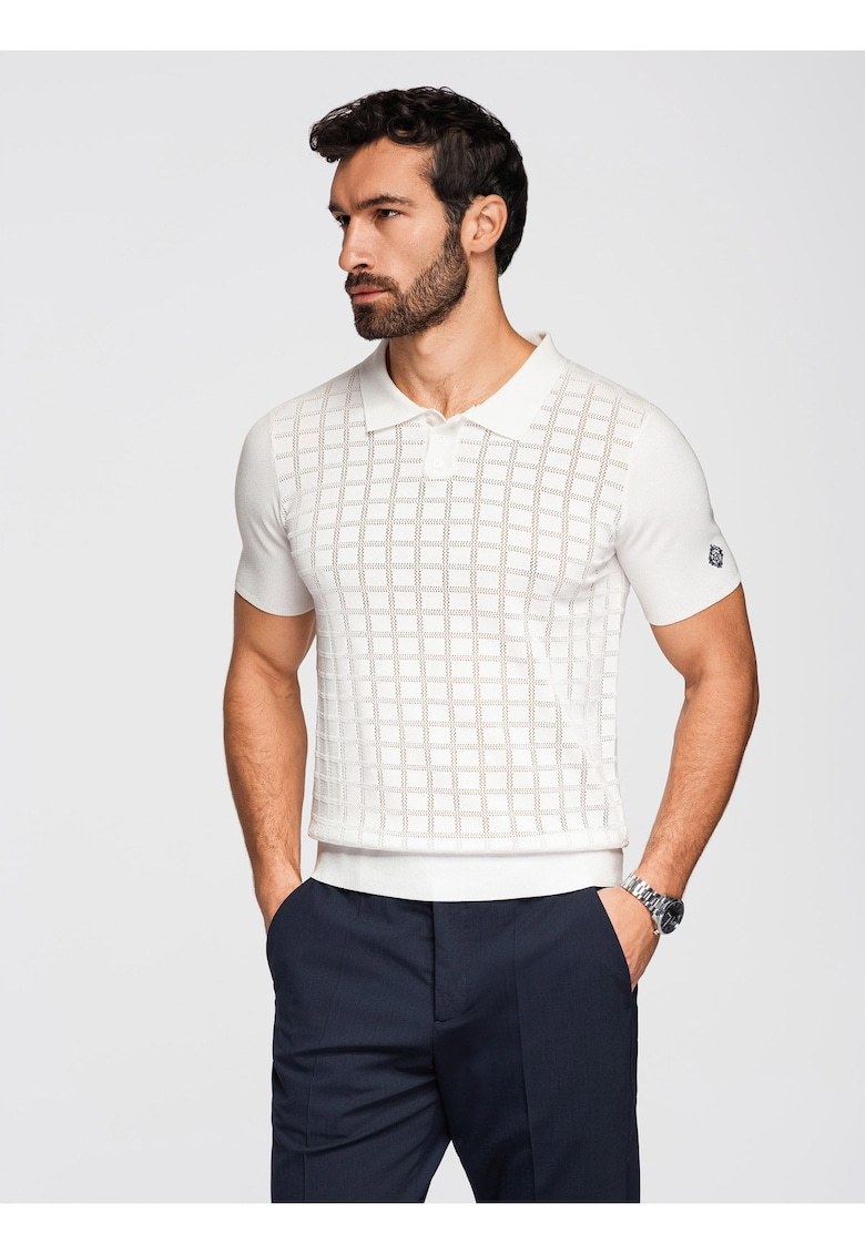 Tricou polo din viscoza cu model ajurat - Alb