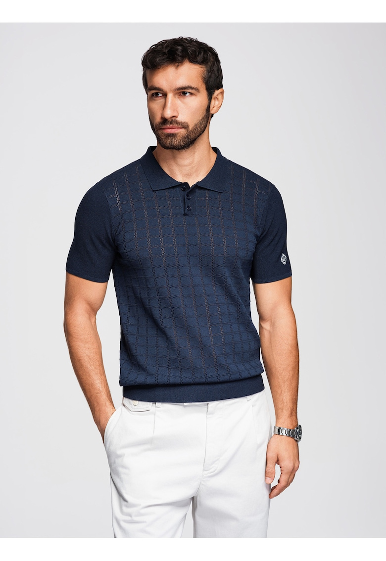 Tricou polo din viscoza cu model ajurat - Albastru inchis