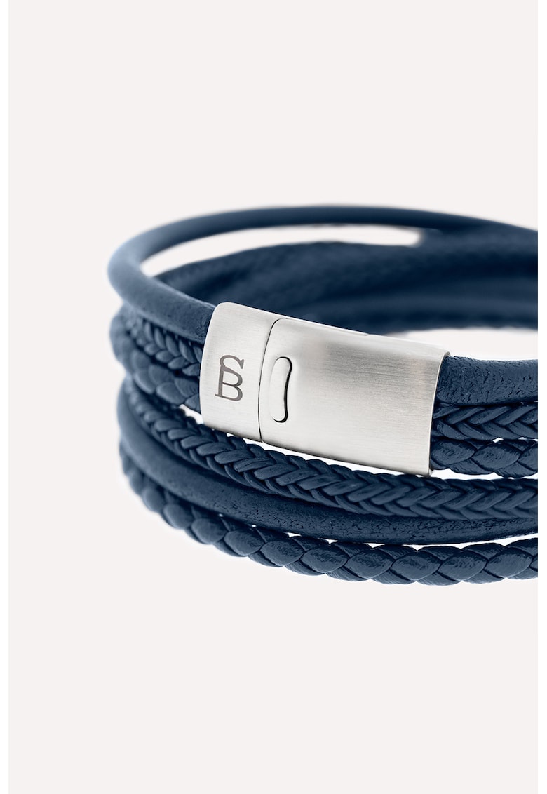 Bratara de piele cu siraguri multple si detaliu de otel inoxidabil - Albastru gentian