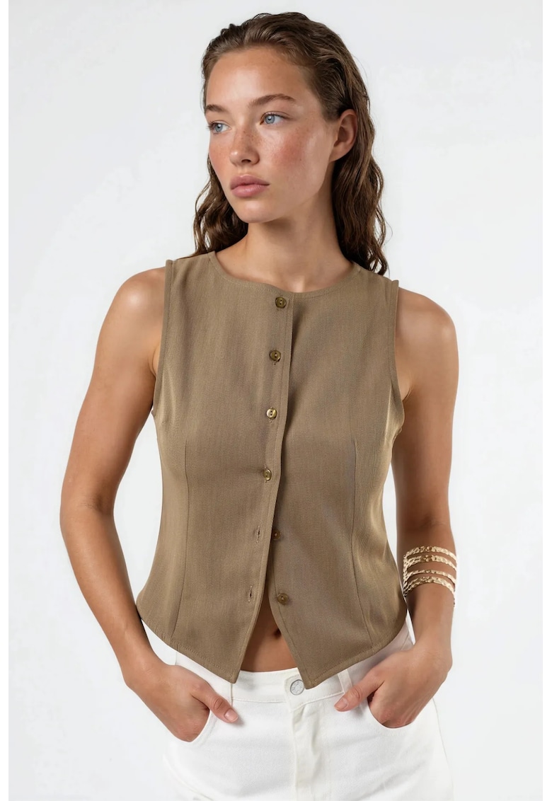 Top fara maneci - guler rotund - textura unica - maro camel - pentru femei