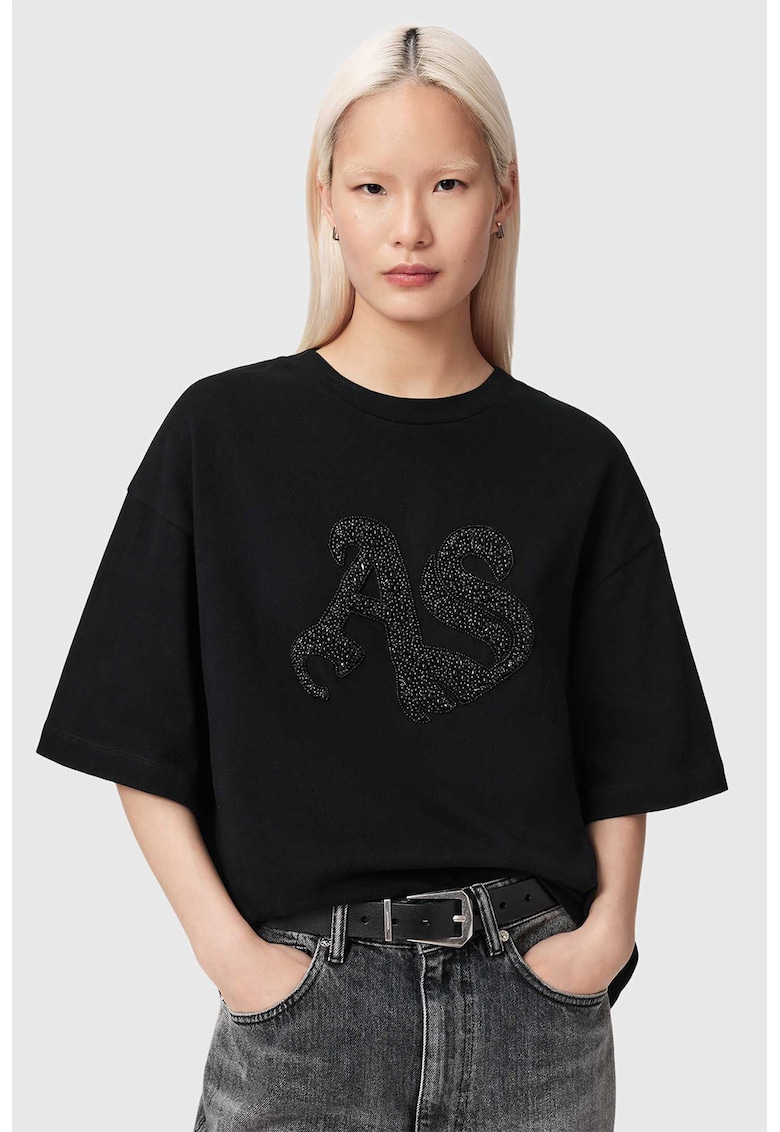 Tricou lejer din bumbac cu aplicatii text - Negru