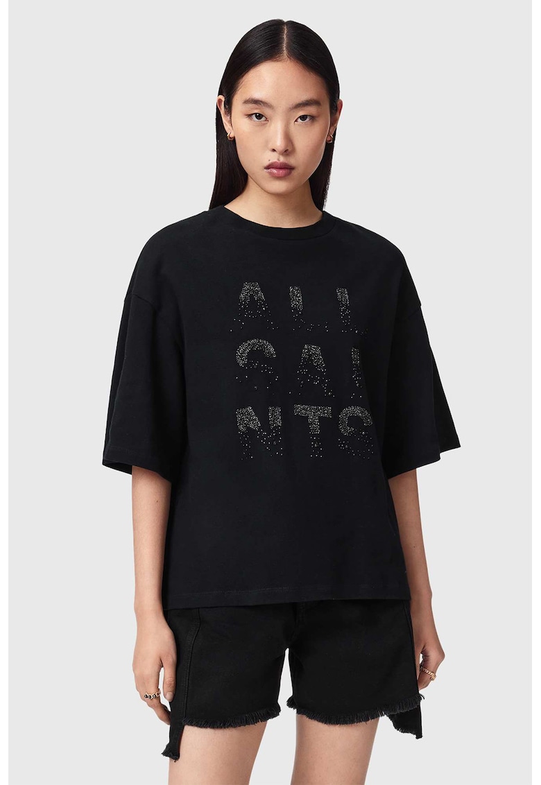 Tricou din bumbac cu broderie logo cu margele - Negru