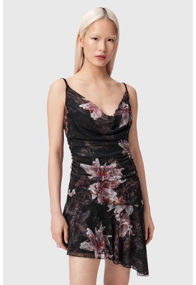 Rochie cu imprimeu floral si decolteu drapat - Negru/Roz