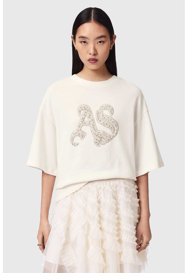 Tricou lejer din bumbac cu aplicatii text - Alb fildes