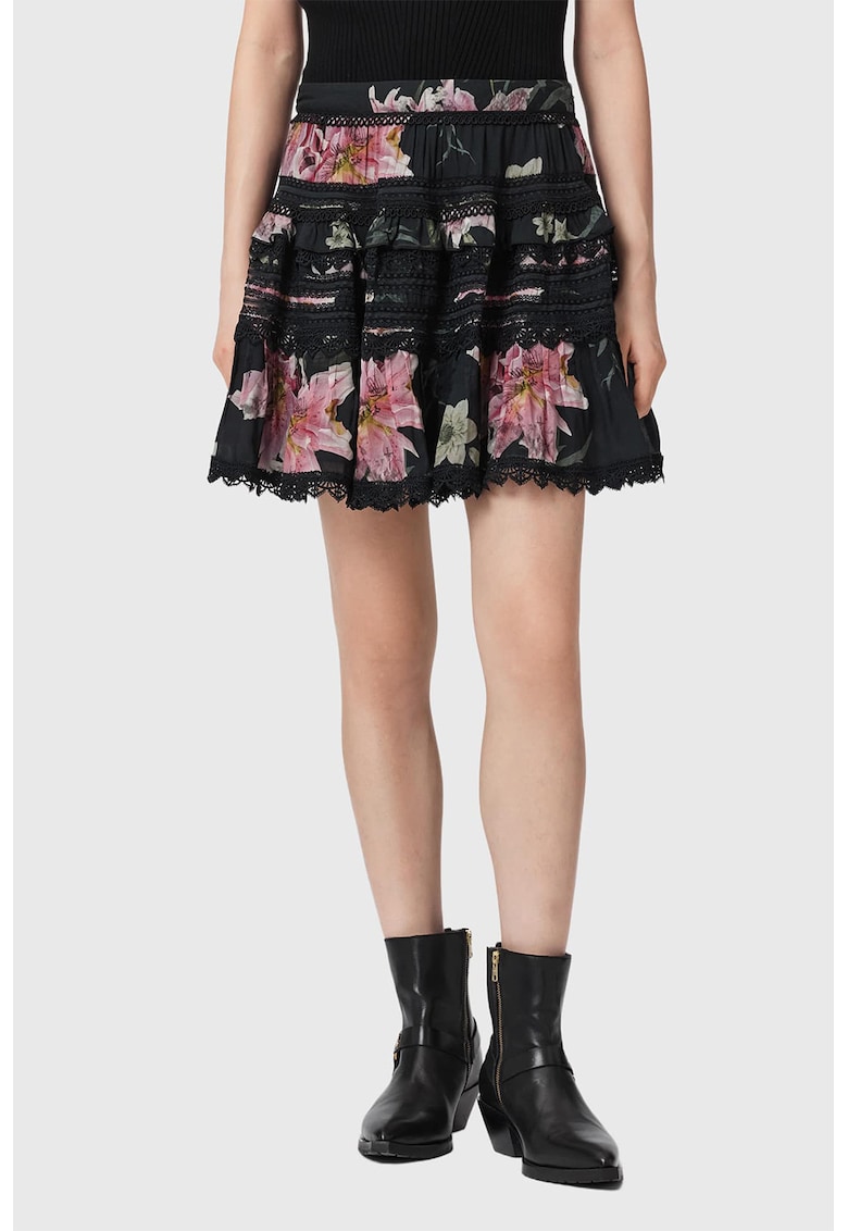 Fusta evazata din amestec de modal cu model floral si insertii brodate - Negru/Roz
