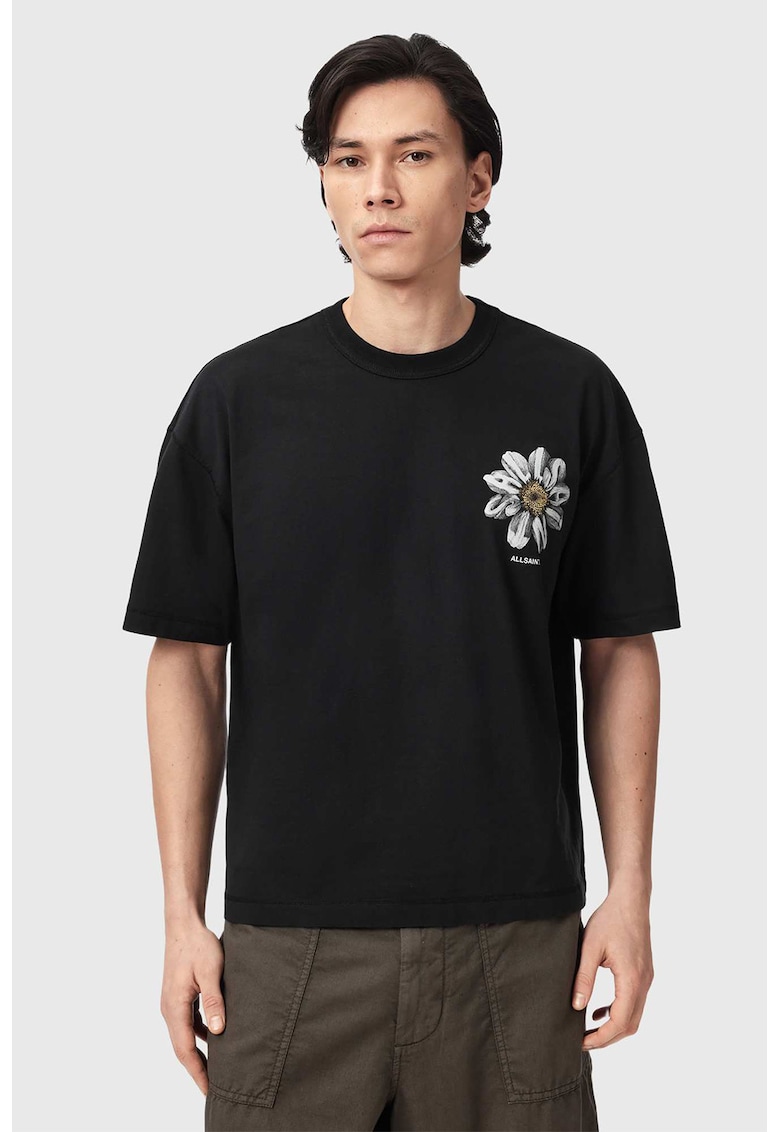 Tricou cu imprimeu floral si maneci cazute - Alb/Negru/Gri