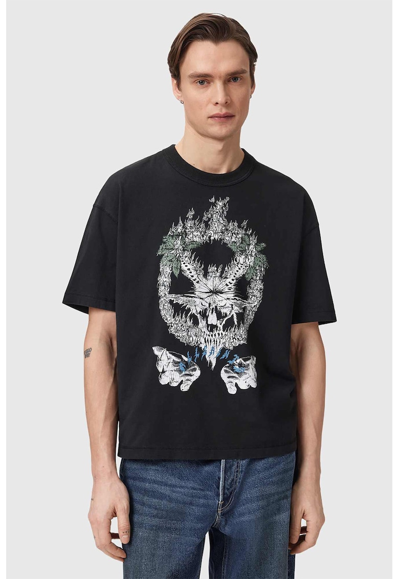 Tricou cu decolteu la baza gatului si imprimeu logo - Alb/Negru antracit