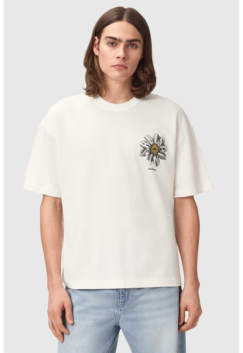 Tricou cu imprimeu floral si maneci cazute - Alb fildes/Gri