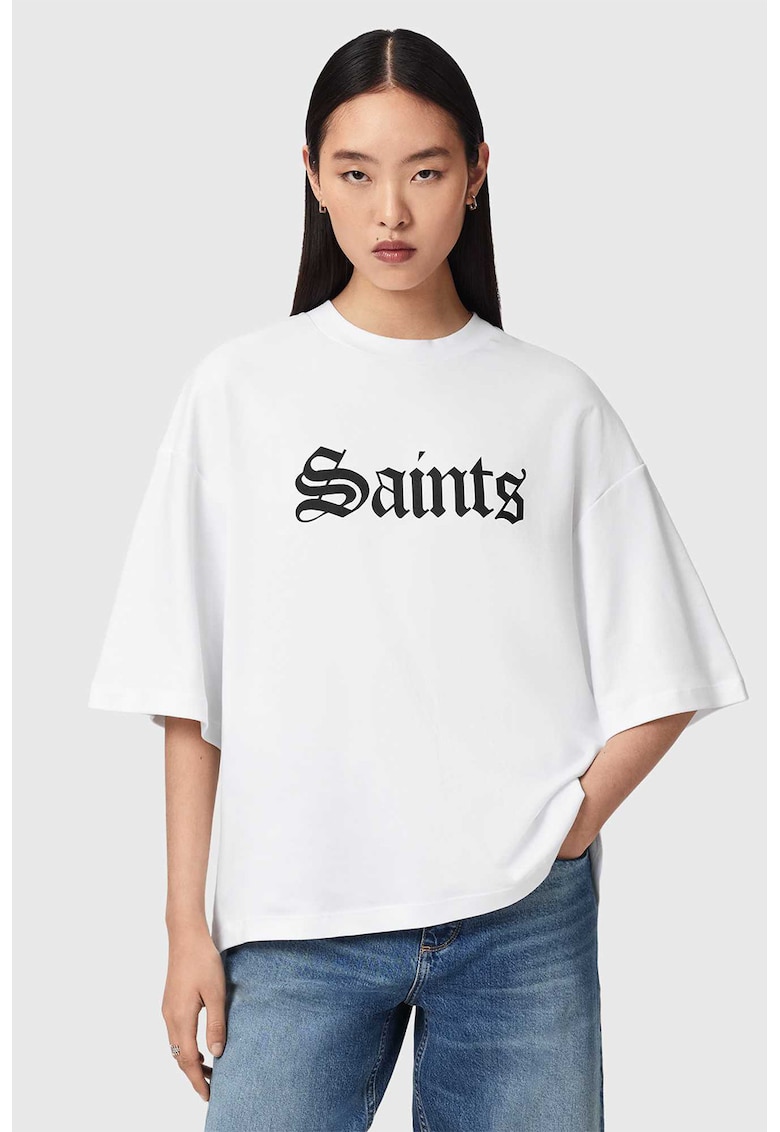 Tricou din bumbac organic cu imprimeu si maneci cazute - Negru/Alb optic