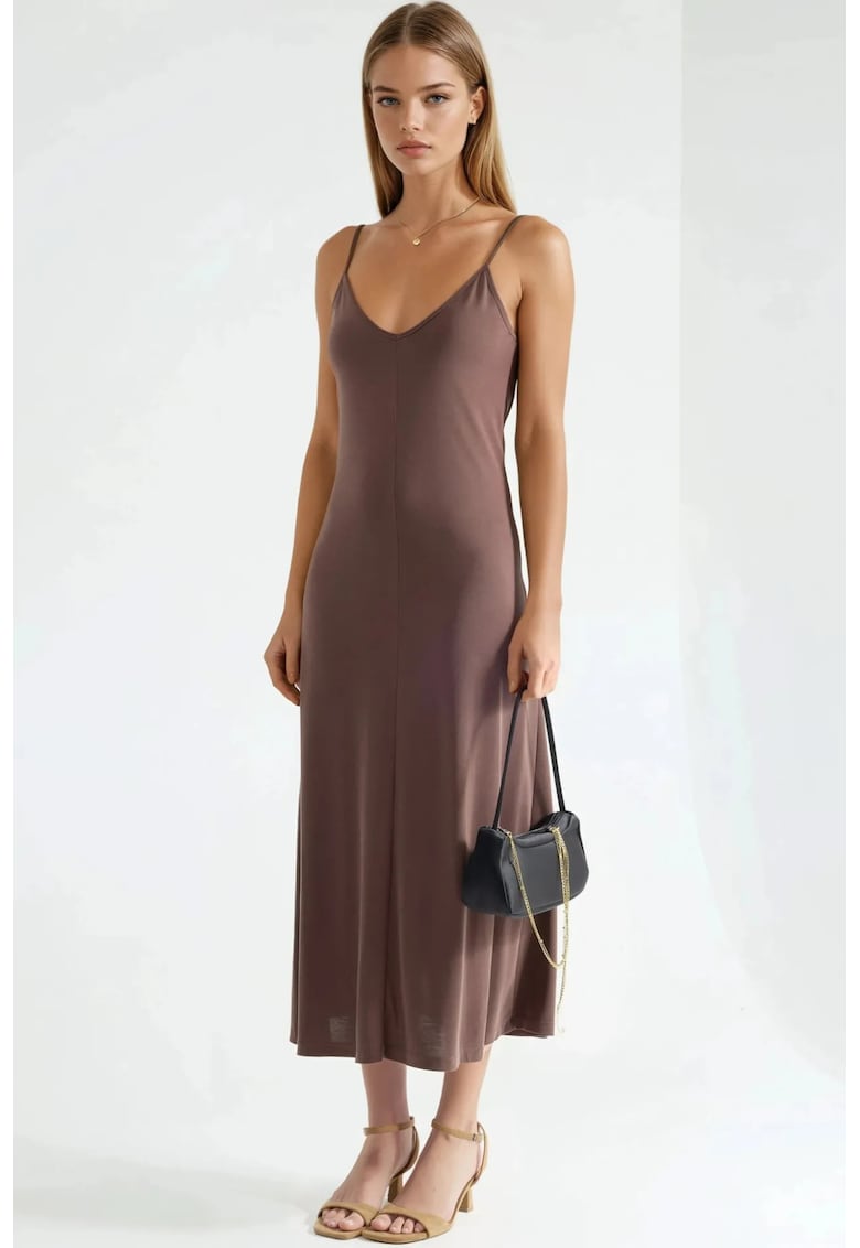 Rochie midi decolteu in V - maro - modal/elastan