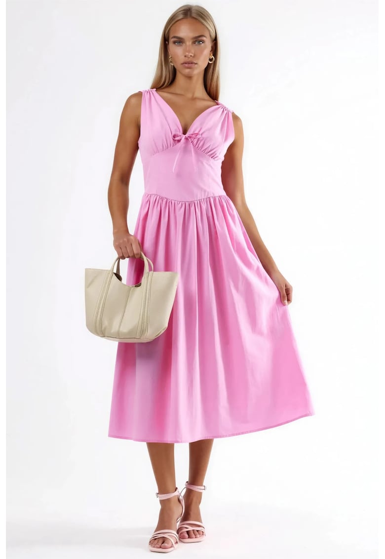 Rochie midi decolteu in V - roz - bumbac/poliester