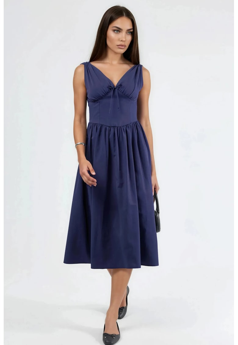 Rochie midi decolteu in V - bleummarin - bumbac/poliester