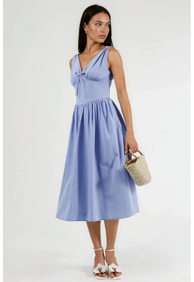Rochie midi decolteu in V - albastru - bumbac/poliester