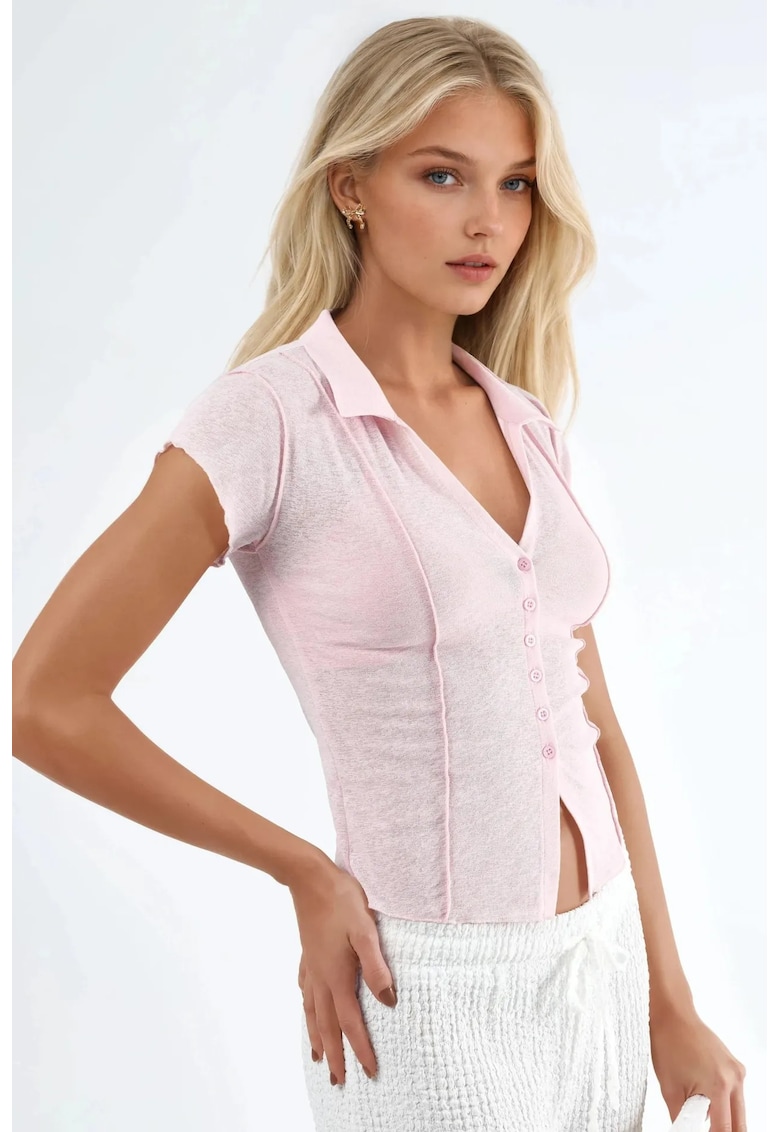 Camasi dama - camasa tricotata cu maneca scurta - roz pudra - 100% poliester