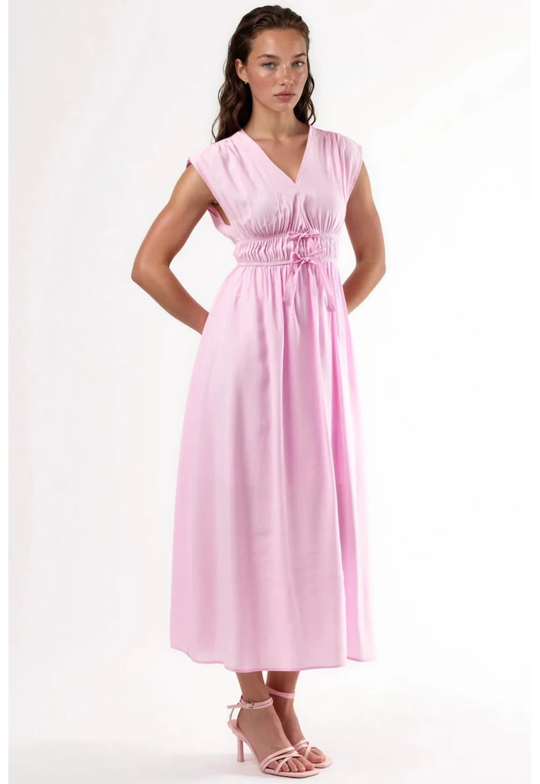 Rochie midi decolteu in V - detaliu cu snur - roz - modal/poliester