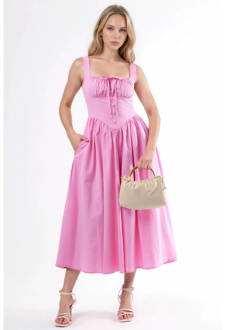 Rochie Midi guler patrat - cu nasturi - bumbac/poliester - Roz pal