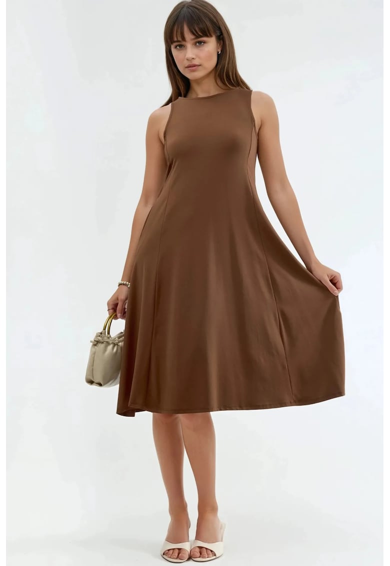 Rochie midi cu buzunare - maro - poliester/elastan