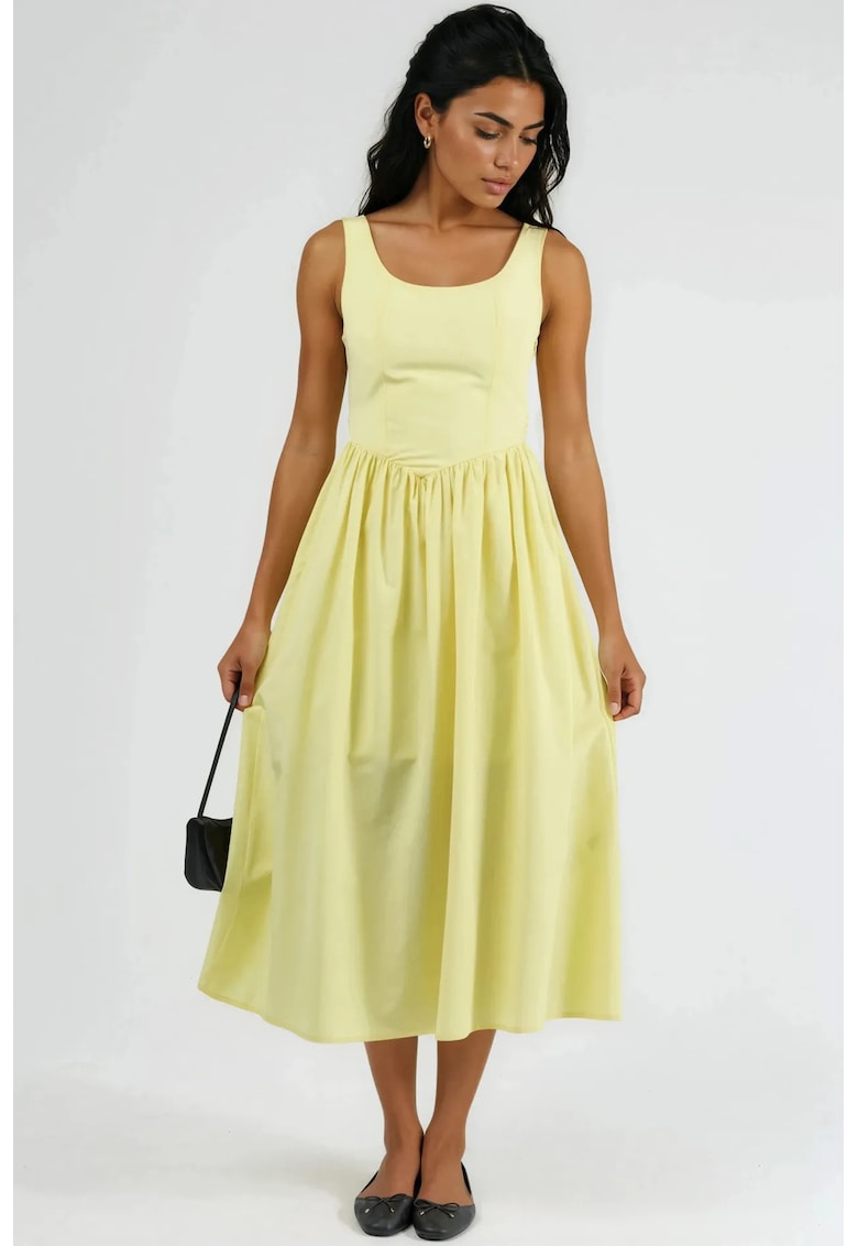 Rochie midi guler patrat - galben lamaie - poliester-bumbac