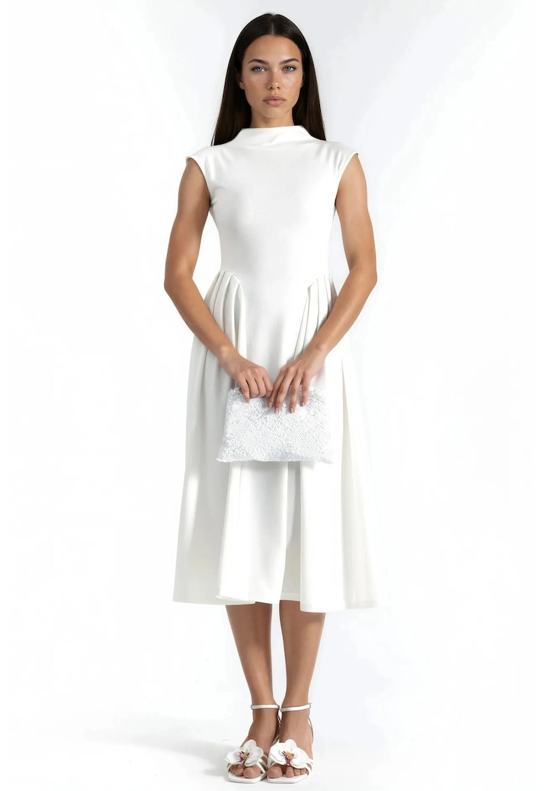 Rochie Midi Alb - Poliester/Elastan - Guler rotund