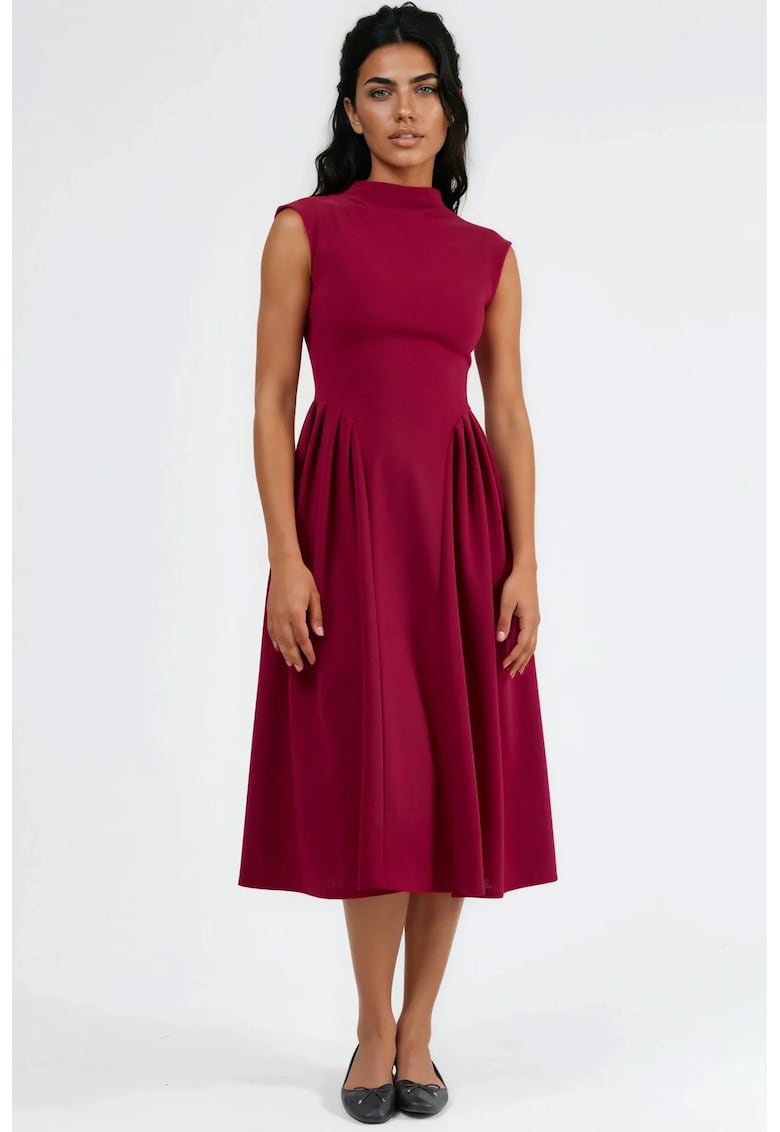 Rochie Midi Texturata cu Panouri - Rosie - Poliester si Elastan