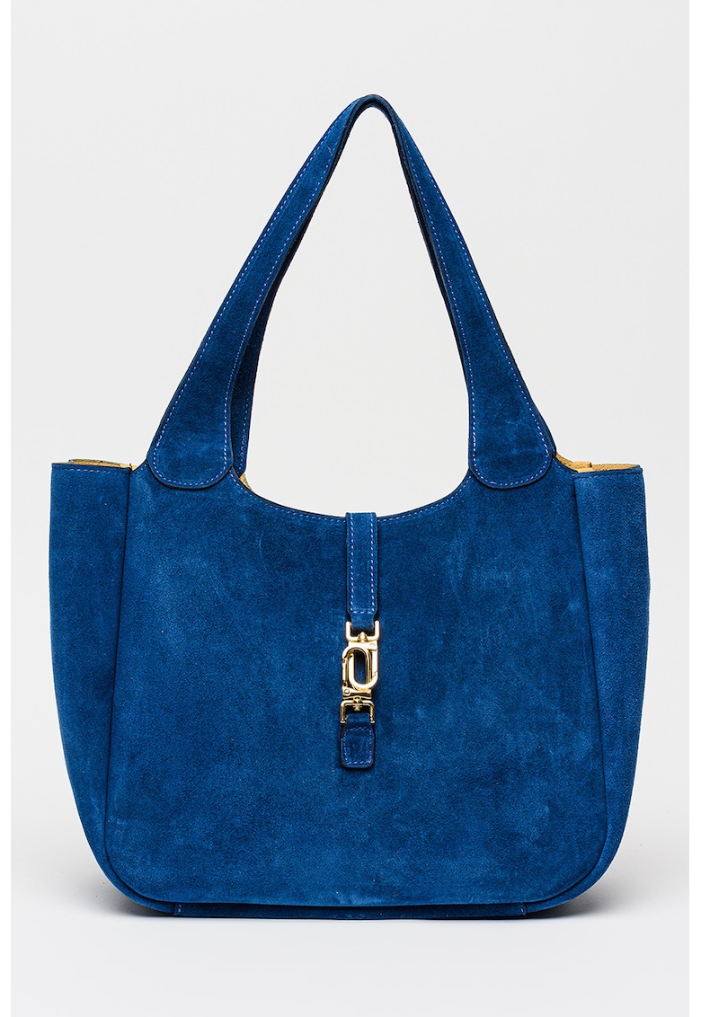 Geanta de piele intoarsa cu bareta de umar si etui interior detasabil - Albastru cobalt