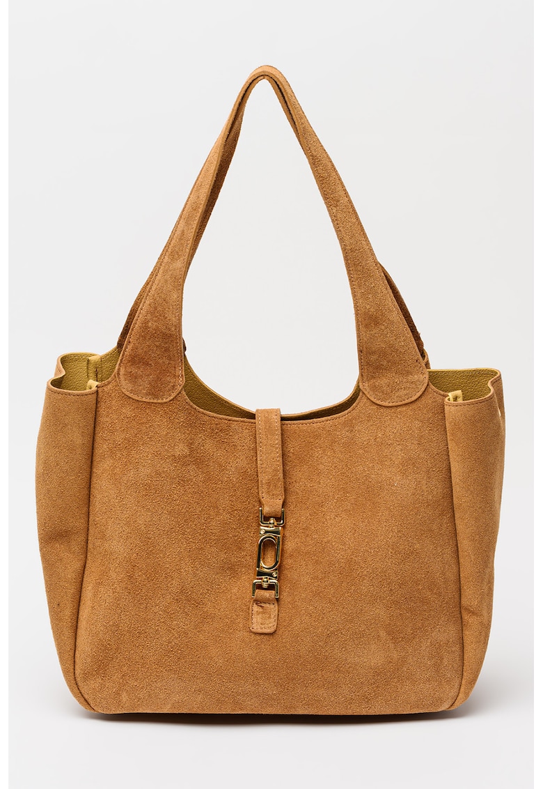 Geanta de piele intoarsa cu bareta de umar si etui interior detasabil - Maro cognac