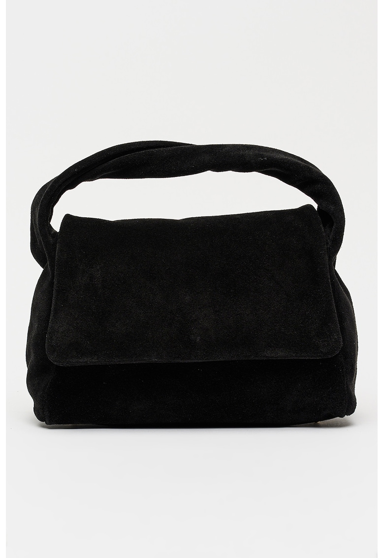 Geanta crossbody din piele intoarsa cu clapa si bareta detasabila - Negru stins