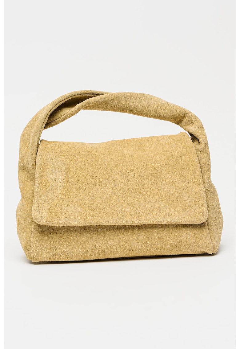 Geanta crossbody din piele intoarsa cu clapa si bareta detasabila - Bej antichizat