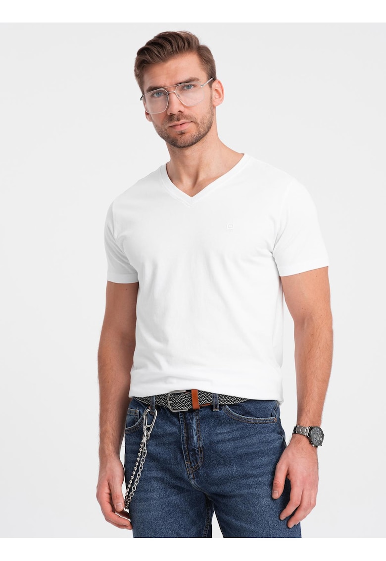 Tricou barbati casual cu decolteu in V bumbac elastic - Alb