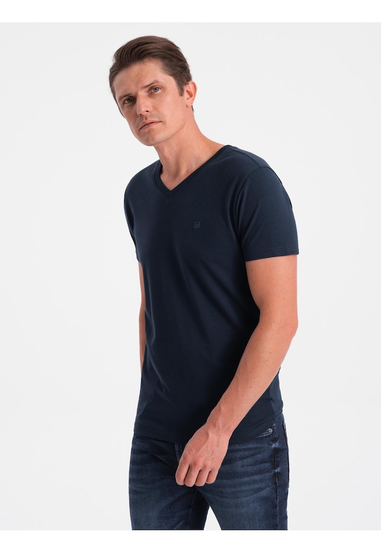 Tricou barbati casual cu decolteu in V bumbac elastic - Bleumarin